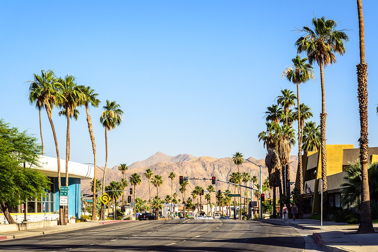 Palm-lined streets and mountains in Palm Springs, California